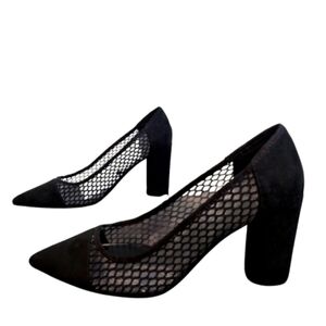 Marc Fisher Gildie Black Fishnet and Suede Point Toe Block Heels Size 9.5